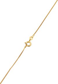 Zlata verižica z teksturiranim, ravnim dizajnom. Ima okroglo zaponko s pečatom in gladko površino. Dolžina in slog sta primerni za plastenje.