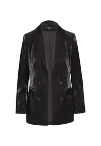 Black double-breasted blazer with a shiny, smooth texture. Features a notched collar, two front pockets, and six black buttons.
