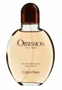 Calvin Klein Obsession för män, en oval glasflaska med ett brunt lock, fylld med ljus bärnsten-färgad vätska, har svart text som anger märke och typ.