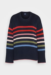 Marinblå tröja med breda horisontella ränder i röd, rosa, grön och blå. Ribbade detaljer med rundad hals och något översized ärmar.