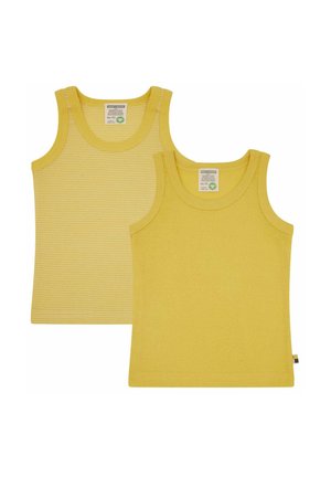 Geel tanktops, één effen en één met dunne witte strepen, gemaakt van zacht materiaal. Heeft ronde halsen en brede armsgaten.