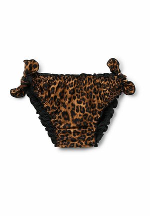 Leopardenmuster Bikinihose mit Seitenschnürungen und gerafftem schwarzem Saum auf weißem Hintergrund.