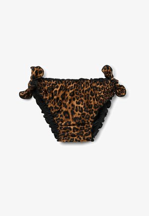 Bas de bikini imprimé léopard avec nœuds noués latéraux et bordure noire froncée sur fond blanc.