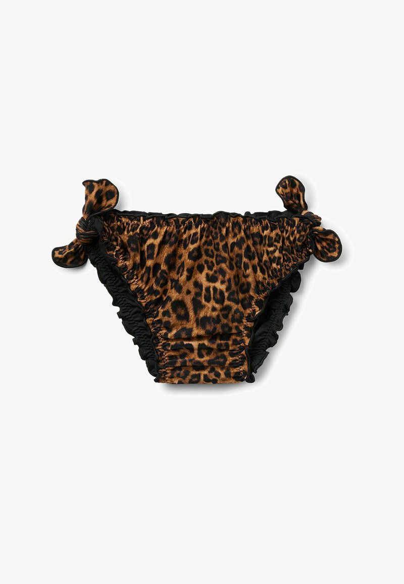 Bas de bikini imprimé léopard avec nœuds noués latéraux et bordure noire froncée sur fond blanc.