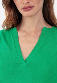 Grüner gestrickter Pullover mit V-Ausschnitt und lässiger Passform. Die Textur ist weich mit leichter Rippung an Hals- und Schulternähten.