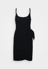 Vestido preto com alças finas, textura suave, corpete ajustado, lado franzido com detalhe em nó, até ao joelho. Design minimalista.