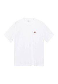 White cotton t-shirt featuring a small orange crab embroidery on the left chest. Classic crew neck and short sleeves.