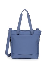 Blauwe tote bag met verstelbare schouderriem, gemaakt van glad synthetisch materiaal, met twee zijzakken en een groot centraal vak.
