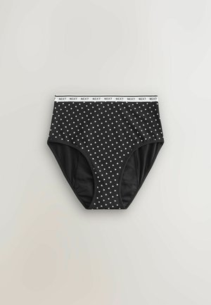 Melni augsta vidukļa biksītes ar baltām sirds rakstām, ar baltu elastīgu jostu ar uzrakstu "NEXT." Gluds, elastīgs audums.