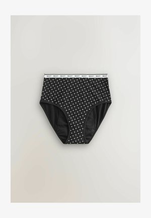 Schwarze, hoch taillierte Slips mit weißen Herzmustern und einem weißen elastischen Taillenbund mit der Aufschrift "NEXT". Glatte, dehnbare Stoffqualität.