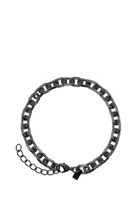 Schwarze Metallkette mit rechteckigen Gliedern, polierter Oberfläche und einem Karabinerverschluss mit einem verstellbaren Band zur Anpassung der Größe.