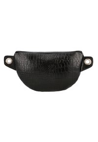 Bolso de cuero negro con estampado de cocodrilo, forma redondeada, cierre de cremallera y ojales metálicos a cada lado para sujeción o transporte.