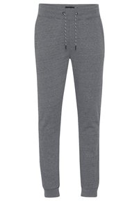 Gray sweatpants with an elastic waistband, drawstring, and ribbed cuffs. Made of cotton blend fabric, featuring a smooth texture.