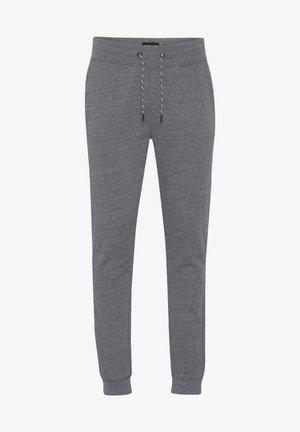 Szare dresy z elastycznym pasem, sznurkiem do regulacji oraz prążkowanymi mankietami. Wykonane z mieszanki bawełny, charakteryzujące się gładką teksturą.