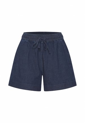 Shorts in denim con cintura elastica e cordoncino regolabile. Colore blu scuro, vestibilità comoda e dettaglio di orlo risvolto.