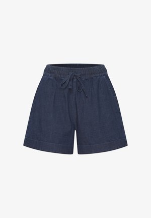 Jeansshorts mit einem elastischen Bund und verstellbarem Kordelzug. Dunkelblaue Farbe, lockerer Schnitt und umgeschlagener Saum.