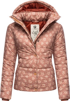 Veste rembourrée de couleur rose clair avec des motifs floraux et à pois. Dotée d'une capuche, de boutons sur le devant et d'un design matelassé pour la chaleur.