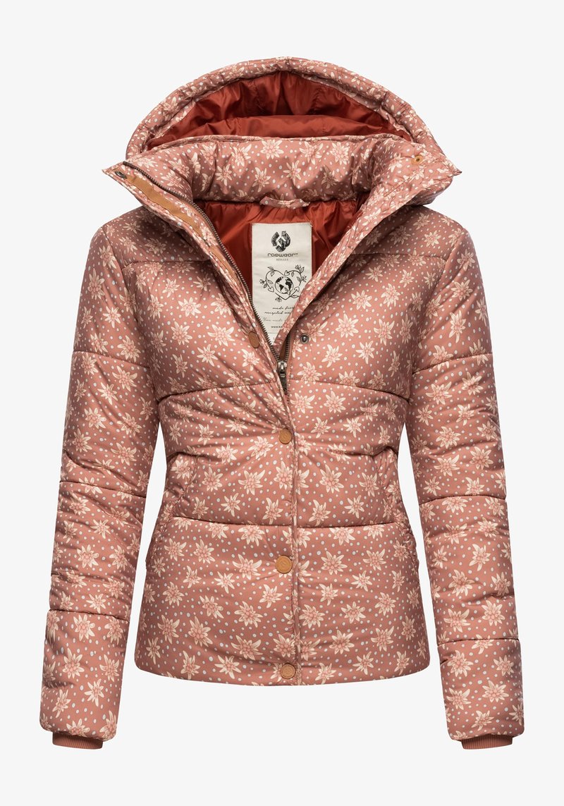 Šviesiai rožinė pūkinė striukė su gėlių ir taškeliais raštais. Turi gobtuvą, priekinius mygtukus ir išklotą dizainą šilumai.