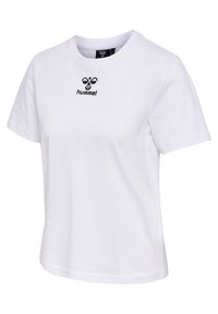 Biała bawełniana koszulka z okrągłym dekoltem i krótkimi rękawami. Na piersi znajduje się czarne logo "hummel". Prosty i klasyczny design.