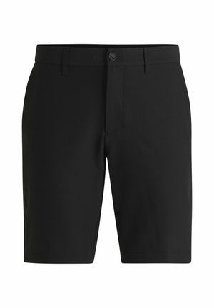 Black shorts made from lightweight fabric, featuring a front button closure, flat front design, and straight leg cut with side pockets.