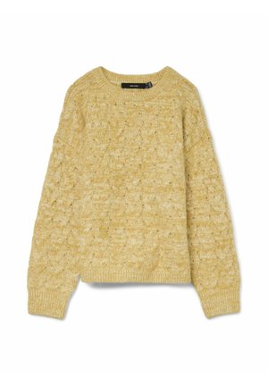 Gul strikket sweater med et tekstureret mønster, rund halsudskæring og ribbede manchetter. Stoffet ser blødt ud og har en medium vægt.