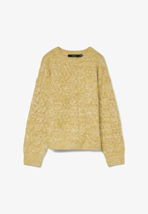 Gelber gestrickter Pullover mit einem strukturierten Muster, rundem Ausschnitt und gerippten Bündchen. Der Stoff scheint weich und mitteldick zu sein.