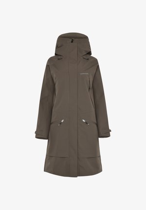 Brown waterproof long coat with a hood, featuring zippered side pockets and adjustable cuffs, made from smooth, durable material.