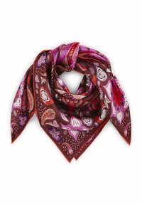 Zijden sjaal in een rijke bordeauxrode kleur met bloemen- en paisleypatronen in roze, paars en oranje; afgewerkt met een levendige oranje rand.