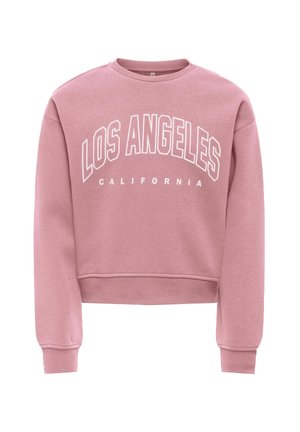 Sweat-shirt rose poudré à col rond, manches longues et texte blanc indiquant « "Los Angeles California" » sur le devant.