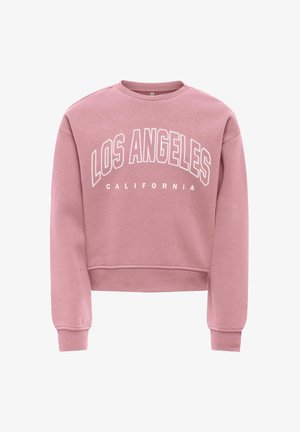 Støvet lyserød sweatshirt med rund halsudskæring, lange ærmer og hvid tekst med teksten „"Los Angeles California"“ på fronten.