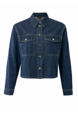 Dark blue cropped denim jacket with long sleeves, button-up front, pointed collar, and two flap chest pockets with buttons.