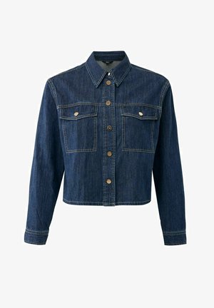 Dark blue cropped denim jacket with long sleeves, button-up front, pointed collar, and two flap chest pockets with buttons.
