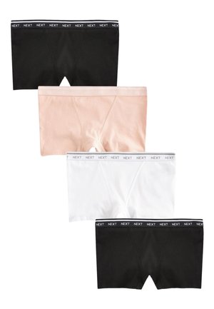 Quatre paires de shortys pour femmes en noir, beige, blanc et noir avec des tailles élastiques marquées "NEXT".