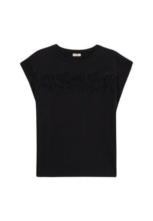 Zwarte T-shirt met korte mouwen en een ronde halslijn, versierd met bloemenborduursel over de borst. Gemaakt van zachte stof en met een ontspannen pasvorm.