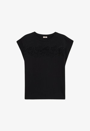 Maglietta nera a maniche corte con scollatura rotonda e ricamo floreale sul petto. Realizzata in tessuto morbido, presenta una vestibilità comoda.