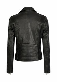 Black leather jacket with a fitted design, ribbed shoulder accents, and zippered cuffs. Smooth texture with seam detailing on the back.
