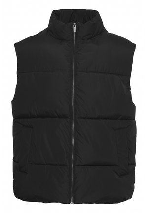 Juodas pūkinis liemenė su aukštu apykaklės, priekiniais užtrauktukais ir dviem šoninėmis kišenėmis. Lygi tekstūra ir siuvinėtas raštas per visą kūną.