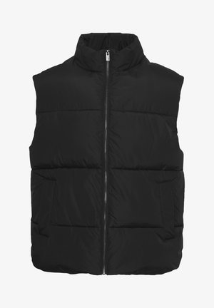 Juodas pūkinis liemenė su aukštu apykaklės, priekiniais užtrauktukais ir dviem šoninėmis kišenėmis. Lygi tekstūra ir siuvinėtas raštas per visą kūną.