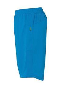 Blaue Sportshorts mit elastischem Bund, seitlicher Tasche und strukturiertem Paneel auf einer Seite. Hergestellt aus leichtem, atmungsaktivem Material.