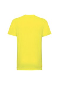 T-shirt a maniche corte di colore giallo brillante, realizzato in tessuto liscio, con colletto a girocollo, senza fantasie e dalla linea dritta.