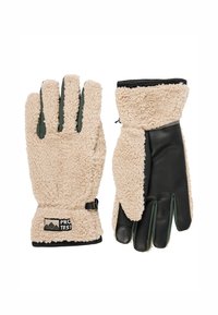 Bežinės fliso pirštinės su juodais odiniais delnais ir žaliomis detalėmis. Su užtrauktuku ant riešo ir logotipu apačioje. Su tekstūra, kad būtų geresnis sukibimas.