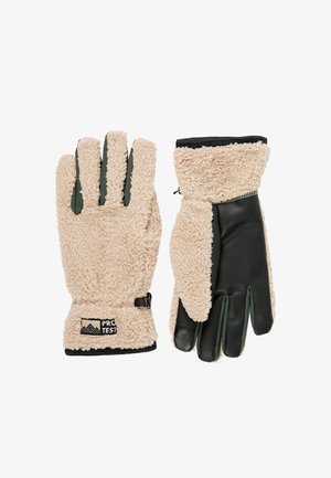 Bežinės fliso pirštinės su juodais odiniais delnais ir žaliomis detalėmis. Su užtrauktuku ant riešo ir logotipu apačioje. Su tekstūra, kad būtų geresnis sukibimas.