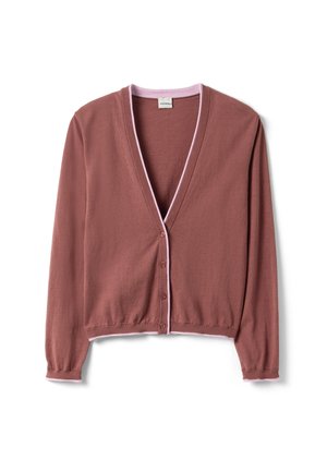 Mauve long-sleeve cardigan with pink trim, V-neck, button closure, and ribbed cuffs and hem, laid flat on a white background.
