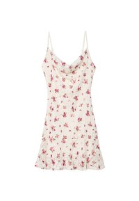 Robes à fleurs en slip avec décolleté drapé, fabriquées en tissu léger. Dotées de motifs floraux roses et verts sur fond crème, avec des bretelles réglables.