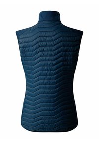 Marinefarbene gesteppte ärmellose Weste mit Stehkragen, ausgestattet mit einem Zickzackmuster und glatter Textur, entworfen für Wärme und Komfort.