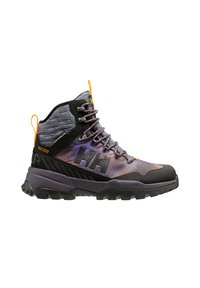 Scarponi da trekking alti di colore viola e nero, con una tomaia texturizzata, lacci arancioni a contrasto e suola nera robusta.