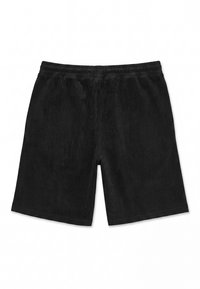 Short noir en velours côtelé avec taille élastique, coupe droite et longueur mi-cuisse, présenté sur un fond blanc.