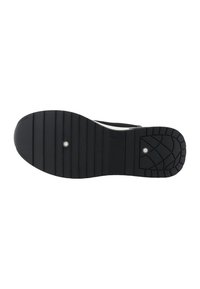 Semelle de chaussure noire avec des rainures horizontales, des clous métalliques circulaires près du centre et du talon, et un motif de bande de roulement au niveau du talon.