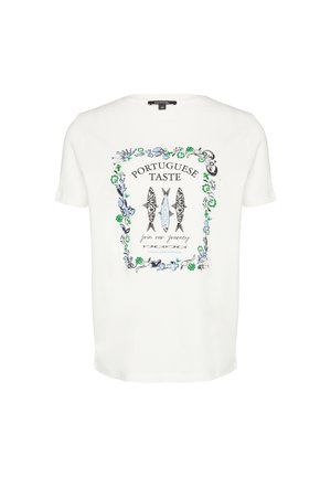 T-shirt en coton blanc avec un imprimé graphique coloré comportant des poissons et des éléments floraux, bordé du texte "Goût Portugais" au centre.