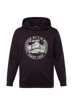 Mørkeblå hoodie lavet af bomuld, med et grafisk tryk af bjerge i hvidt inden for et cirkulært badge. Snore i hætten.